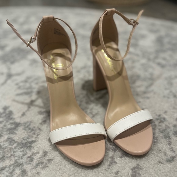 Lulus Taylor Light Nude and White Color Block Ankle Strap Heels Size: 7 - Picture 4 of 5